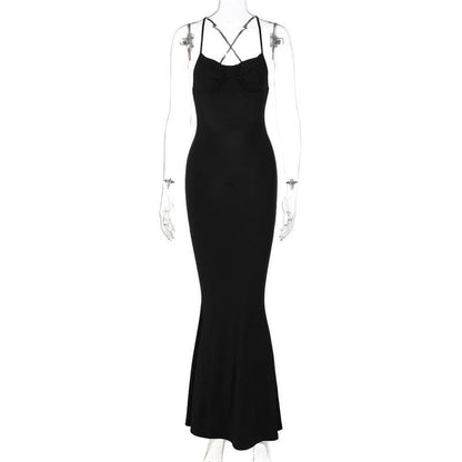 Cross Back Spaghetti Strap Cowl Back Satin Maxi Dress