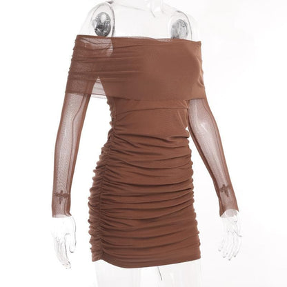 Off-Shoulder Sheer Mesh Long Sleeve Horizontal Ruched Bodycon Mini Dress