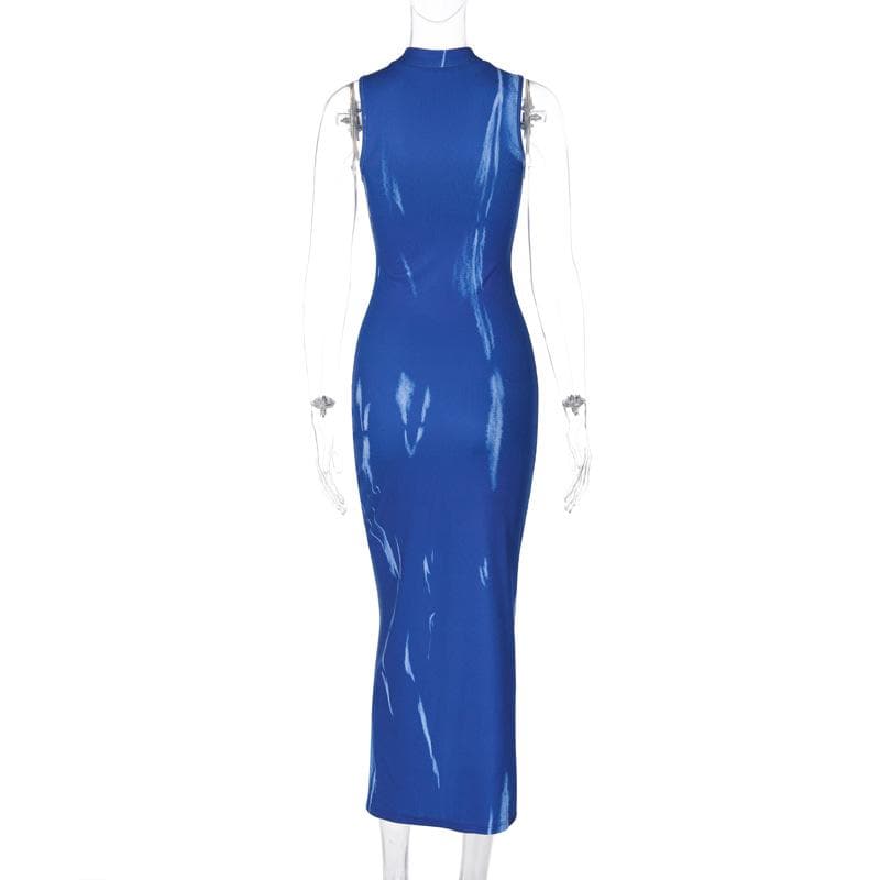 High Neck Sleeveless Abstract Distressed Print Side Slit Bodycon Maxi Dress