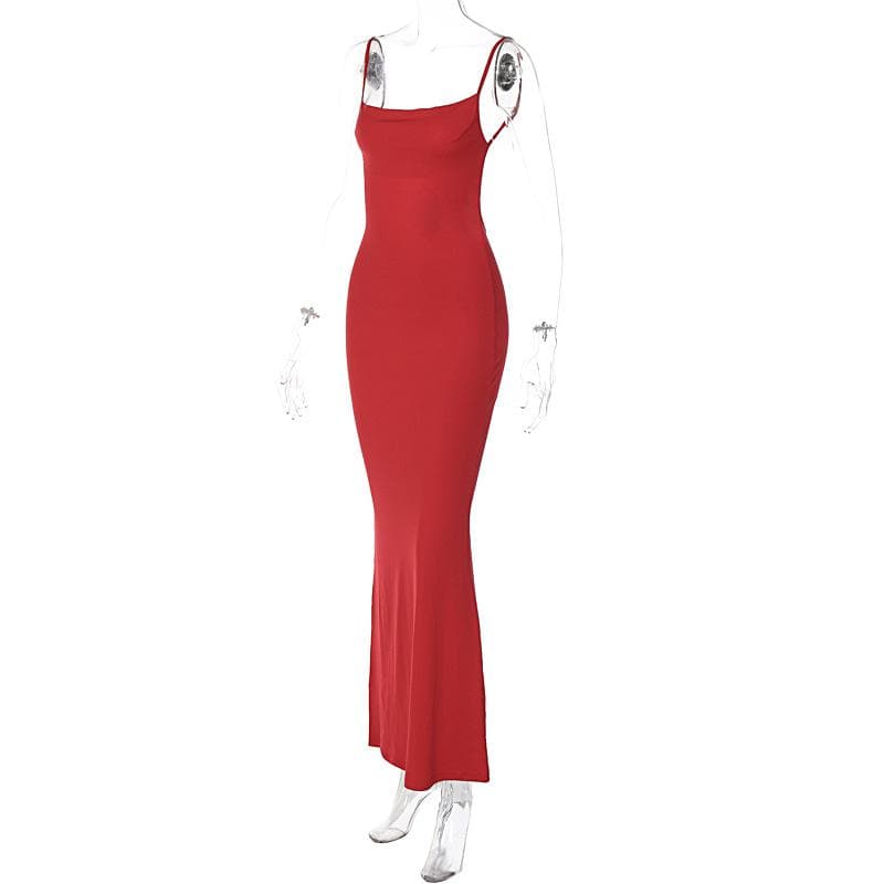 Spaghetti Strap Square Neck Backless Bodycon Maxi Dress