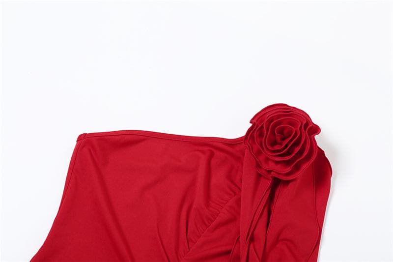One Shoulder Rosette Ruffle Cascade Ruched Bodycon Mini Dress