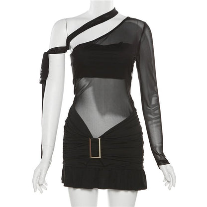 One Shoulder Mesh Bodice Metal Buckle Ruched Low Rise Ruffle Hem Mini Dress