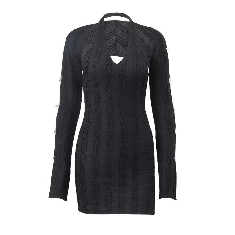 Deep V-Neck Halter Bow Sleeve Cutout Rib Knit Bodycon Mini Dress