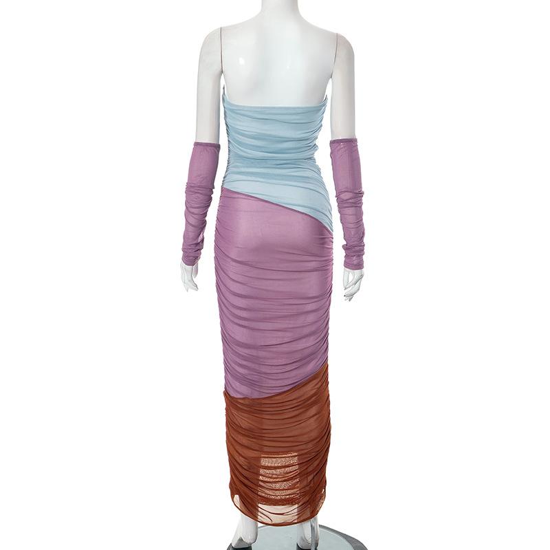 Off Shoulder Color Block Ruched Mesh Maxi Dress