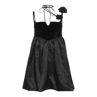 Velvet Sweetheart Notch Neck Flower Applique Bubble Hem Mini Dress