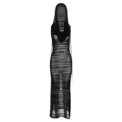 Hooded Sheer Mesh Ribbed Knit Scarf Neck Sleeveless Maxi Dress