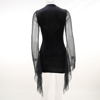 Velvet Flocked Mesh Mock Neck Bell Sleeve Gothic Mini Dress