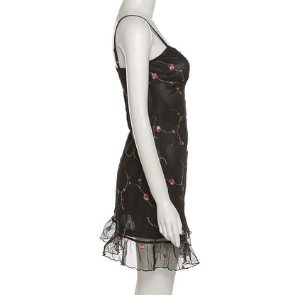 Flower Embroidery Mesh Ruffle Backless Cami Mini Dress