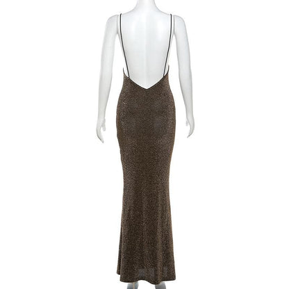 Spaghetti Strap Cowl Neck Glitter Metallic Backless Maxi Dress