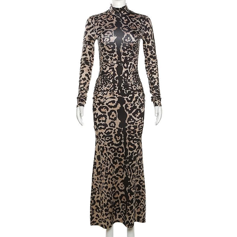 Print Turtleneck Long Sleeve Bodycon Maxi Dress