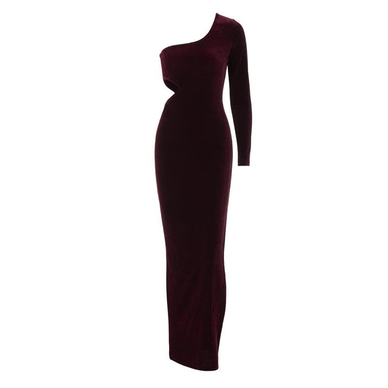 One Shoulder Long Sleeve Waist Cutout Velvet Bodycon Maxi Dress