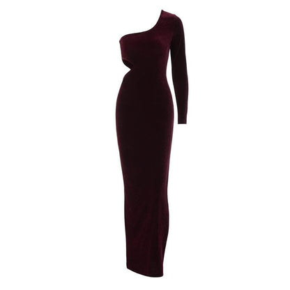 One Shoulder Long Sleeve Waist Cutout Velvet Bodycon Maxi Dress
