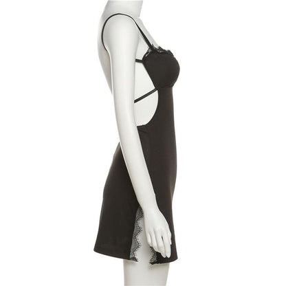 Lace Trim Sweetheart Keyhole Side Slit Backless Cami Mini Dress
