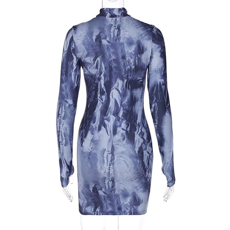 Tie Dye Print Mock Neck Thumbhole Long Sleeve Bodycon Mini Dress