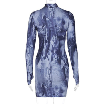 Tie Dye Print Mock Neck Thumbhole Long Sleeve Bodycon Mini Dress