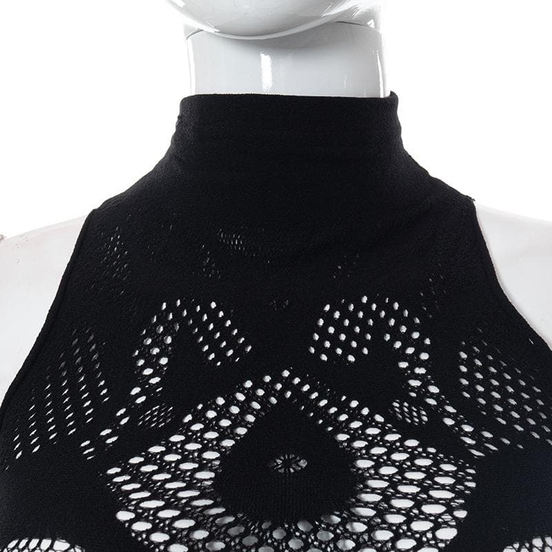 Fishnet Pattern High Neck Sleeveless Hollow Out Bodycon Mini Dress
