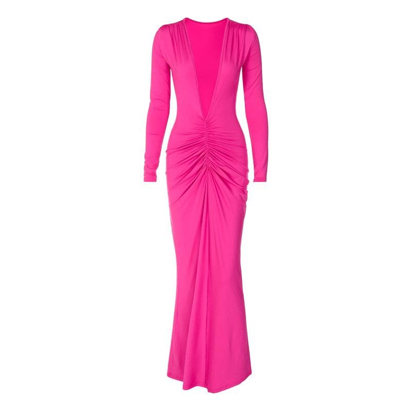 Deep V Long Sleeve Convertible Neckline Ruched Maxi Dress