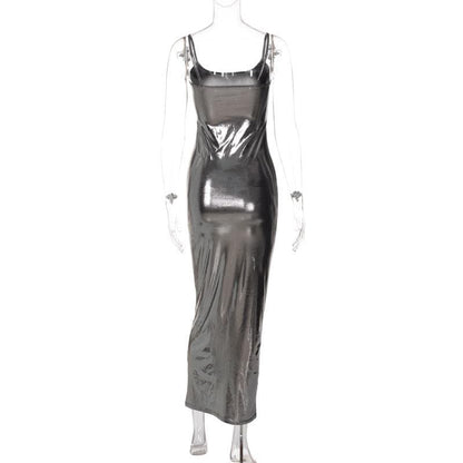 Metallic Scoop Neck Spaghetti Strap Backless Cami Maxi Dress