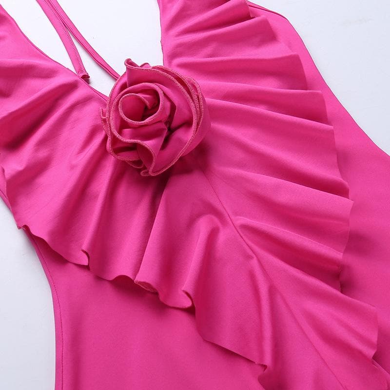 Halter Deep V Rosette Applique Ruffle Trim Asymmetric Hem Mini Dress