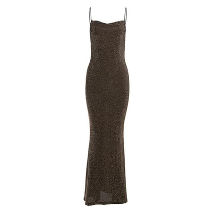 Spaghetti Strap Cowl Neck Glitter Metallic Backless Maxi Dress