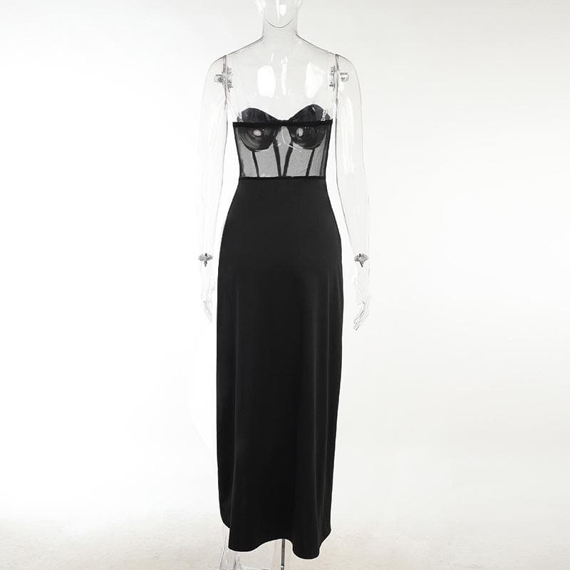 Strapless Sweetheart Corset Mesh Panel Double Slit Maxi Dress