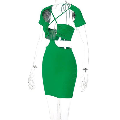 Ruched Bust Crisscross Halter Cutout Waist Flared Sleeve Bodycon Mini Dress