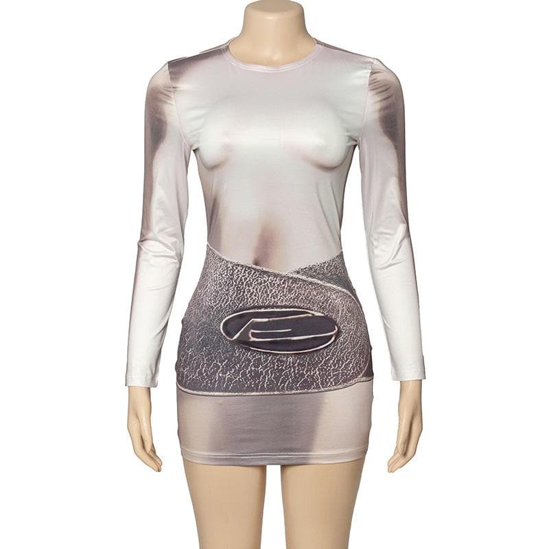 Crew Neck Trompe L Oeil Torso Graphic Belt Band Bodycon Mini Dress