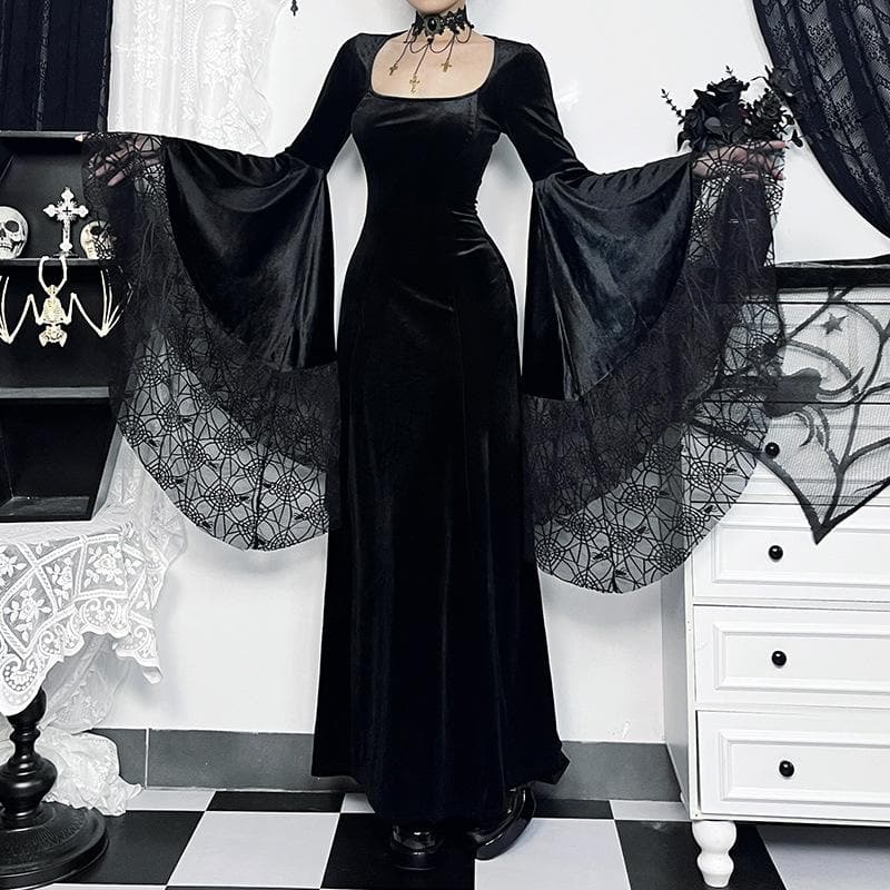 Velvet Square Neck Bell Sleeve Spiderweb Lace Panel Maxi Gown