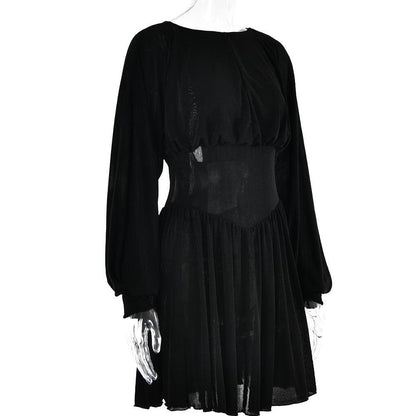 Button Ruched Corset Long Sleeve Mini Dress