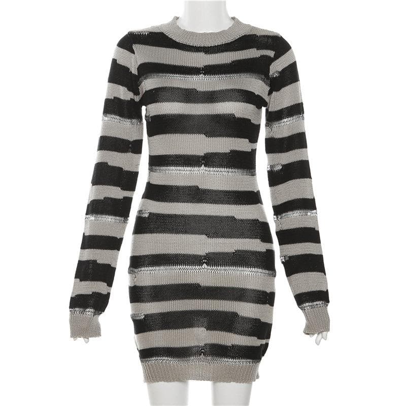 Crew Neck Distressed Open Knit Glitch Stripe Rib Knit Mini Dress