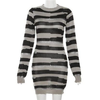 Crew Neck Distressed Open Knit Glitch Stripe Rib Knit Mini Dress