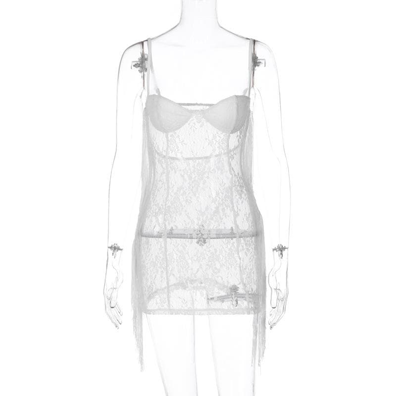 Sweetheart Lace Bustier Side Tassel Fringe Sheer Bodycon Mini Dress