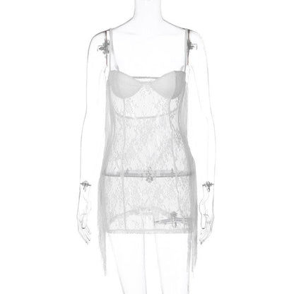 Sweetheart Lace Bustier Side Tassel Fringe Sheer Bodycon Mini Dress