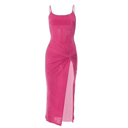 Square Neck Spaghetti Strap Knot Detail High Slit Backless Cami Midi Dress