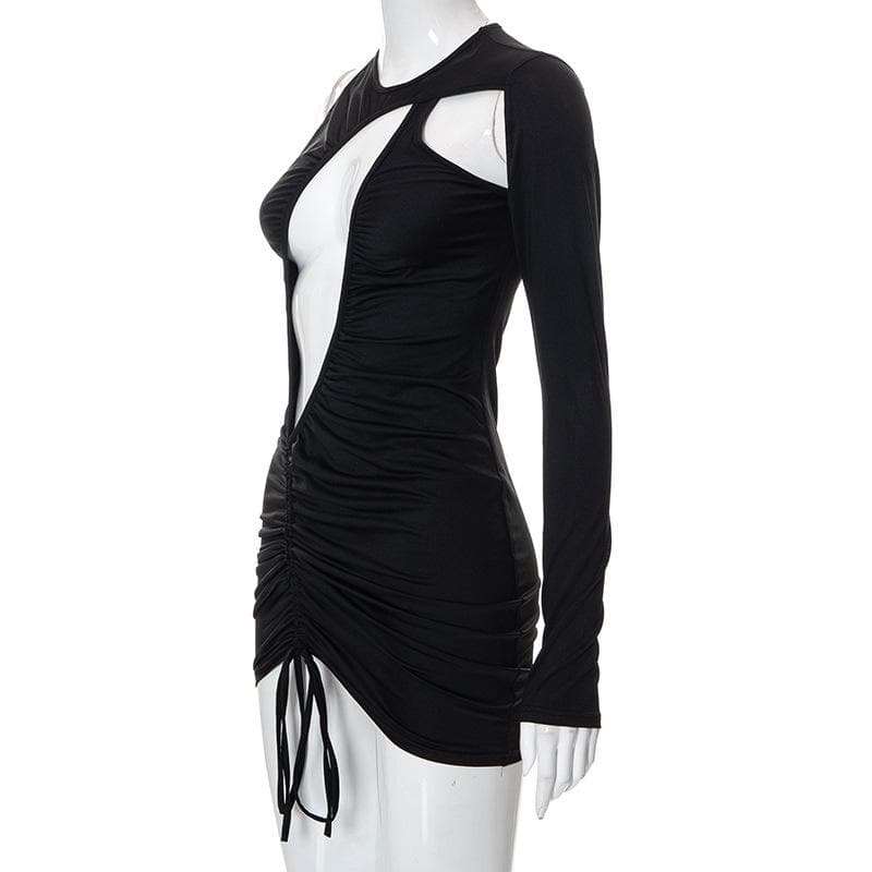 One Shoulder Long Sleeve Asymmetric Cutout Ruched Drawstring Mini Dress