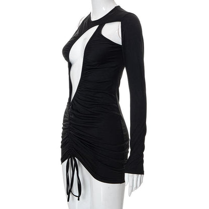 One Shoulder Long Sleeve Asymmetric Cutout Ruched Drawstring Mini Dress