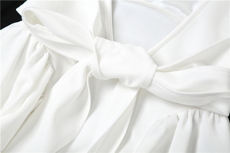 Square Neck Basque Waist Flared Bow Tie Back Mini Dress