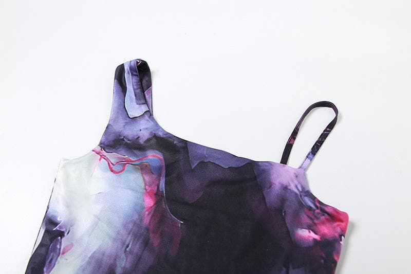 Square Neck Spaghetti Strap Abstract Marble Print Mermaid Maxi Dress