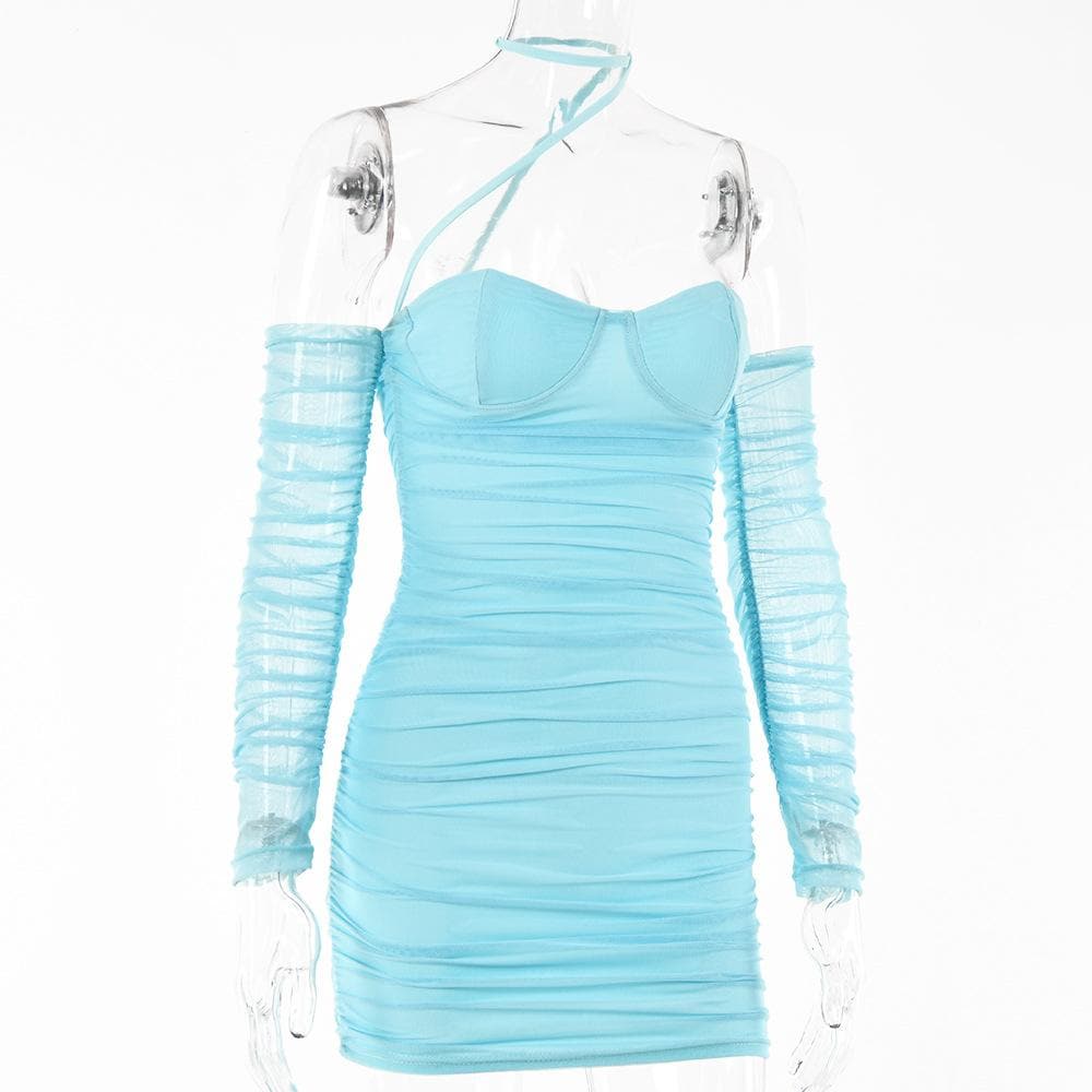 Sweetheart Neck Choker Strap Ruched Mesh Bodycon Mini Dress with Glove Sleeves