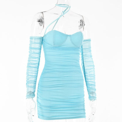 Sweetheart Neck Choker Strap Ruched Mesh Bodycon Mini Dress with Glove Sleeves