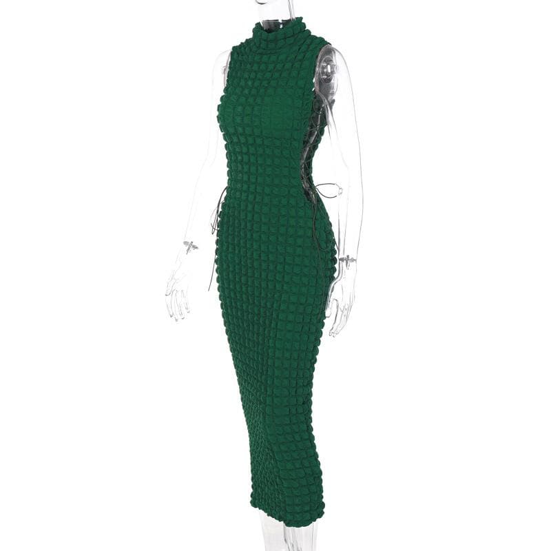 Mock Neck Waffle Texture Lace Up Side Cutout Maxi Dress
