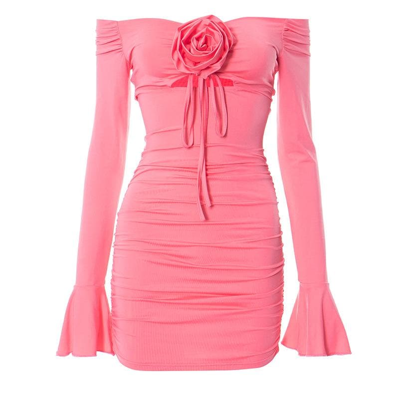 Off-Shoulder Rosette Applique Bell Cuff Ruched Bodycon Mini Dress