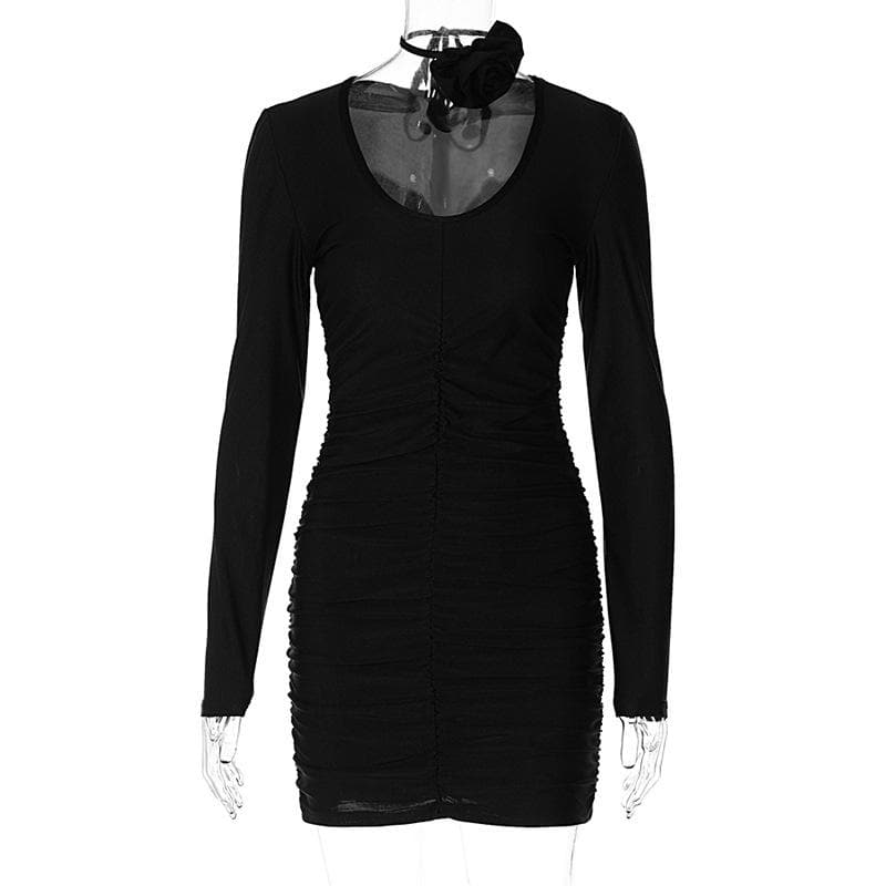 Ruched Long Sleeve Flower Applique U Neck Mini Dress