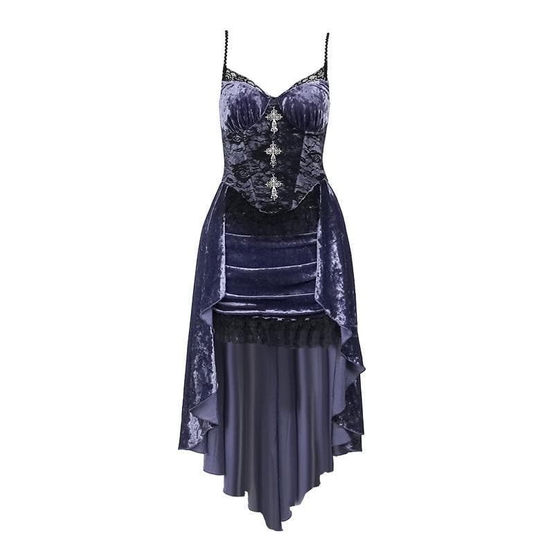 Velvet Lace Trim Cross Applique Corset High Low Midi Dress