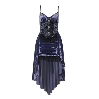 Velvet Lace Trim Cross Applique Corset High Low Midi Dress