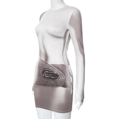 Crew Neck Long Sleeve Body Print Belt Illusion Bodycon Mini Dress