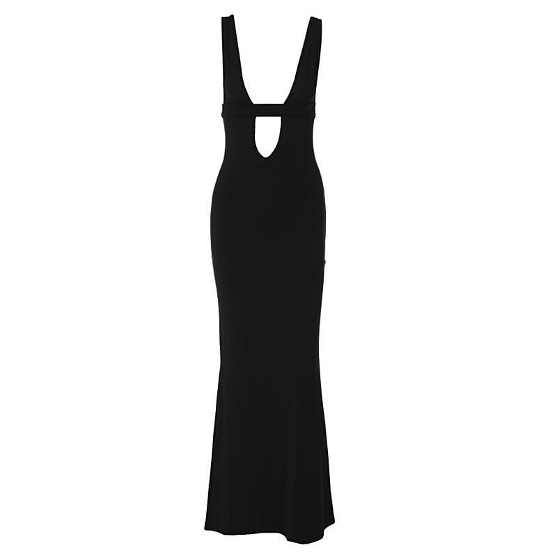 Wide Strap Deep Plunge Oval Cutout Bodycon Column Maxi Dress