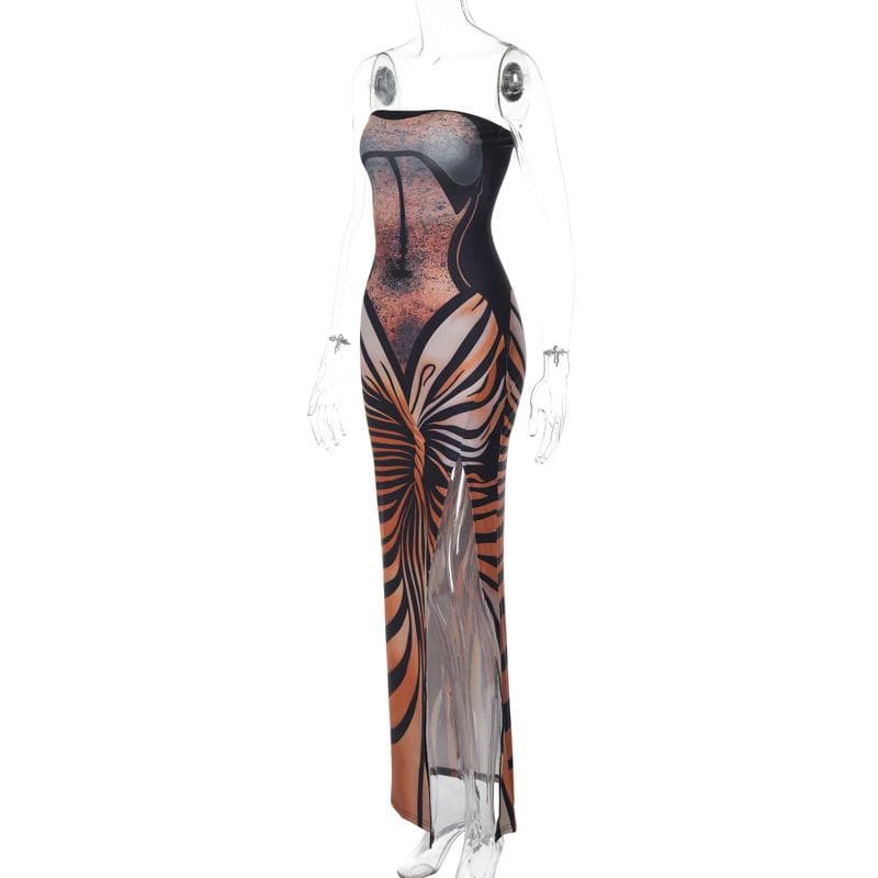 Strapless Abstract Print Lace-Up Back Slit Maxi Dress
