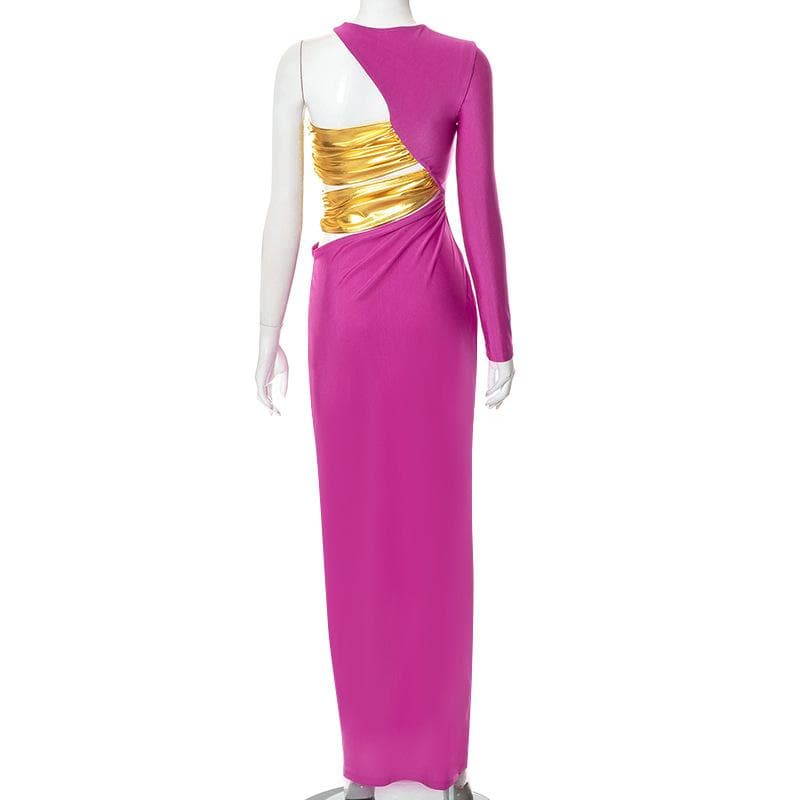 One-Shoulder Long Sleeve Diagonal Cutout Metallic Panel Bodycon Maxi Dress