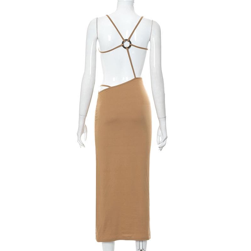 Scoop Spaghetti Strap O-Ring Asymmetric Waist Cutout Maxi Dress